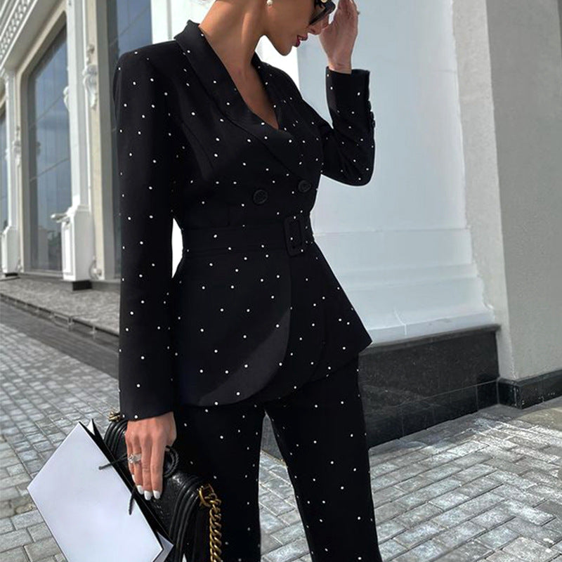 Black Polka Dot Long Sleeve Suit Coat Two Piece Set O2 Clothing