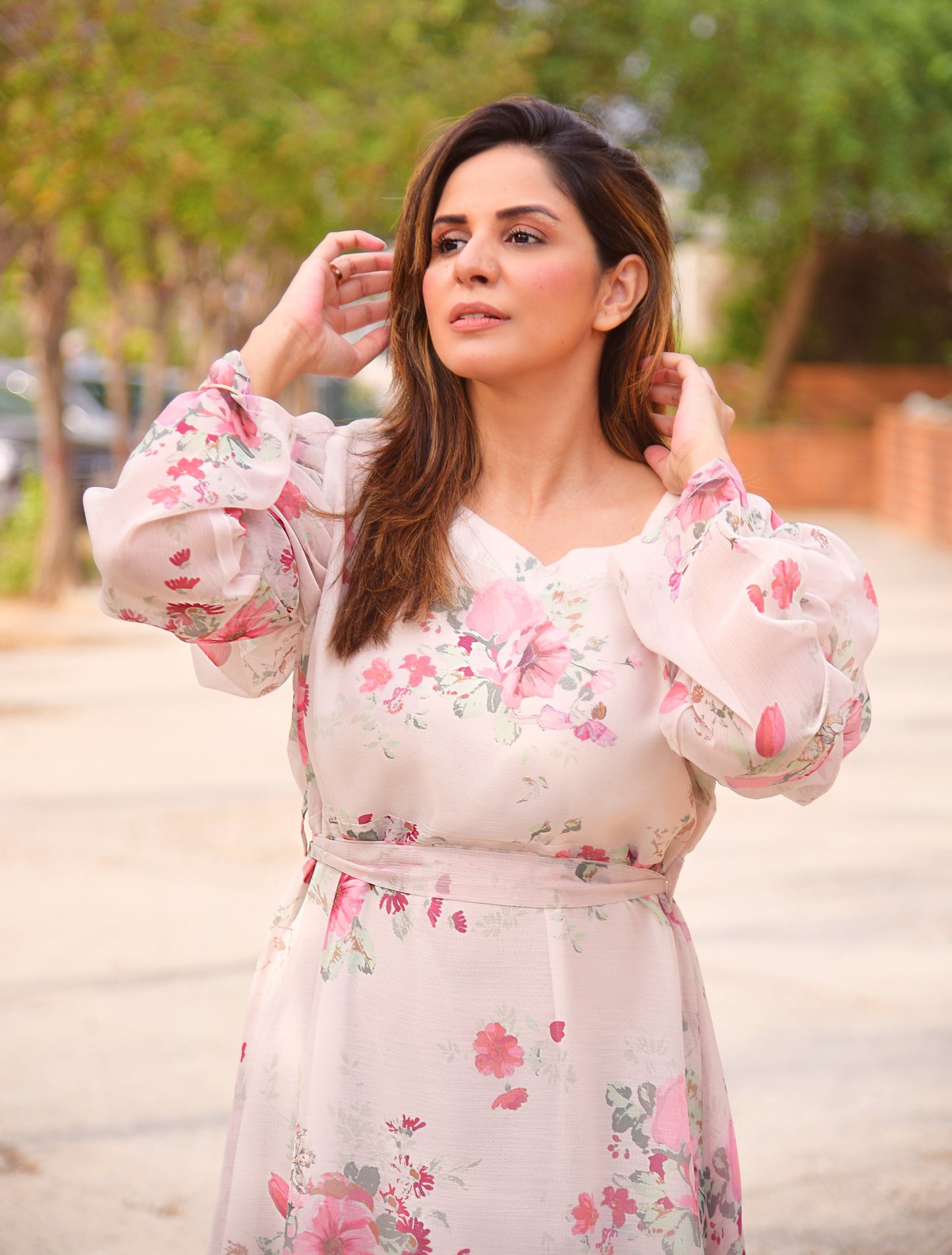 White Floral Print Puffy Sleeve Belted Dress