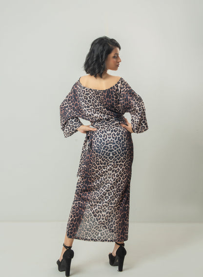 Cheetah Print Cross Wrap Long Sleeve Dress