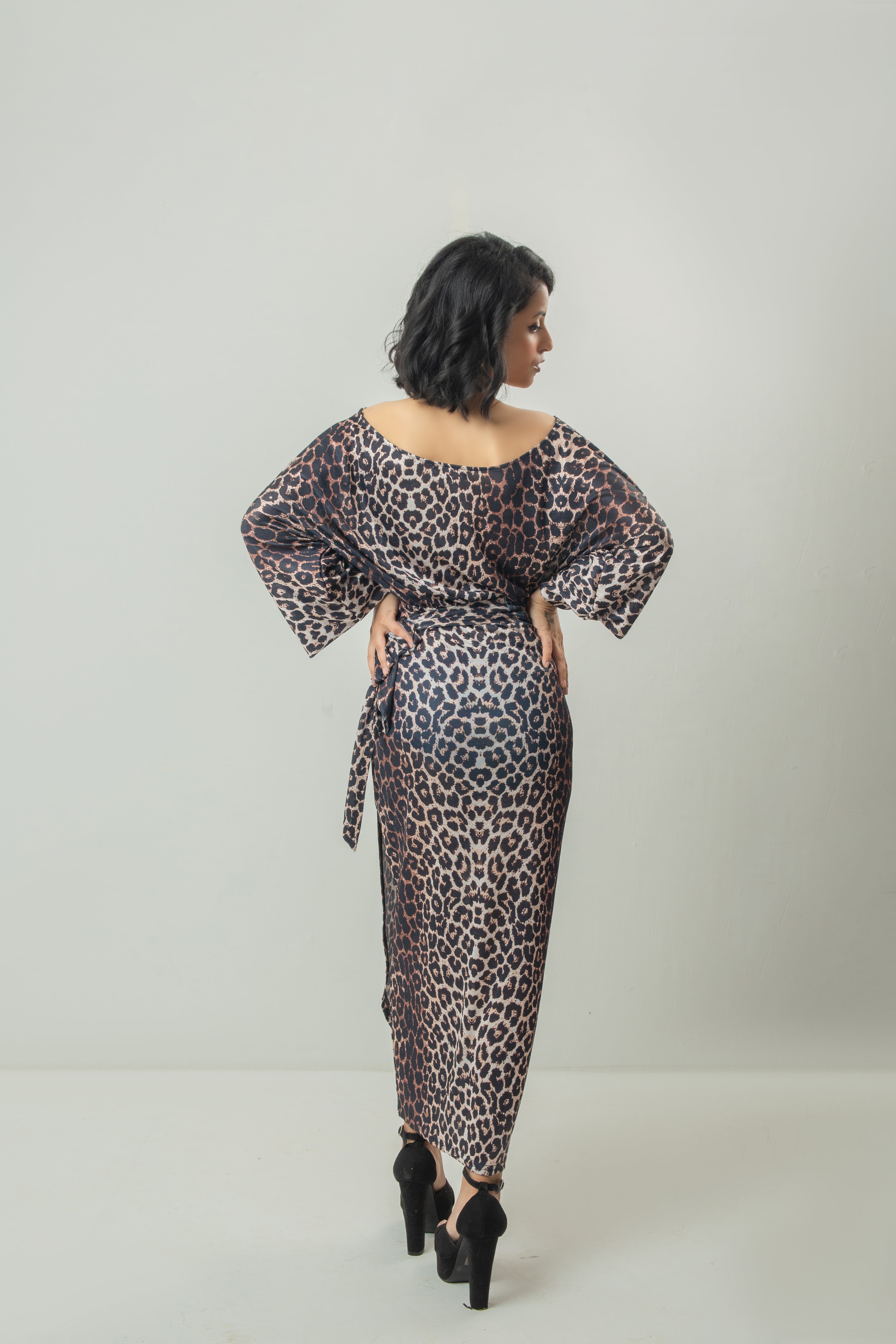 Leopard print satin long sleeve wrap dress best sale