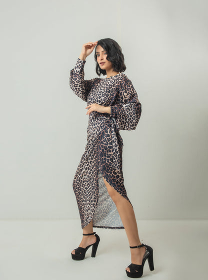 Cheetah Print Cross Wrap Long Sleeve Dress