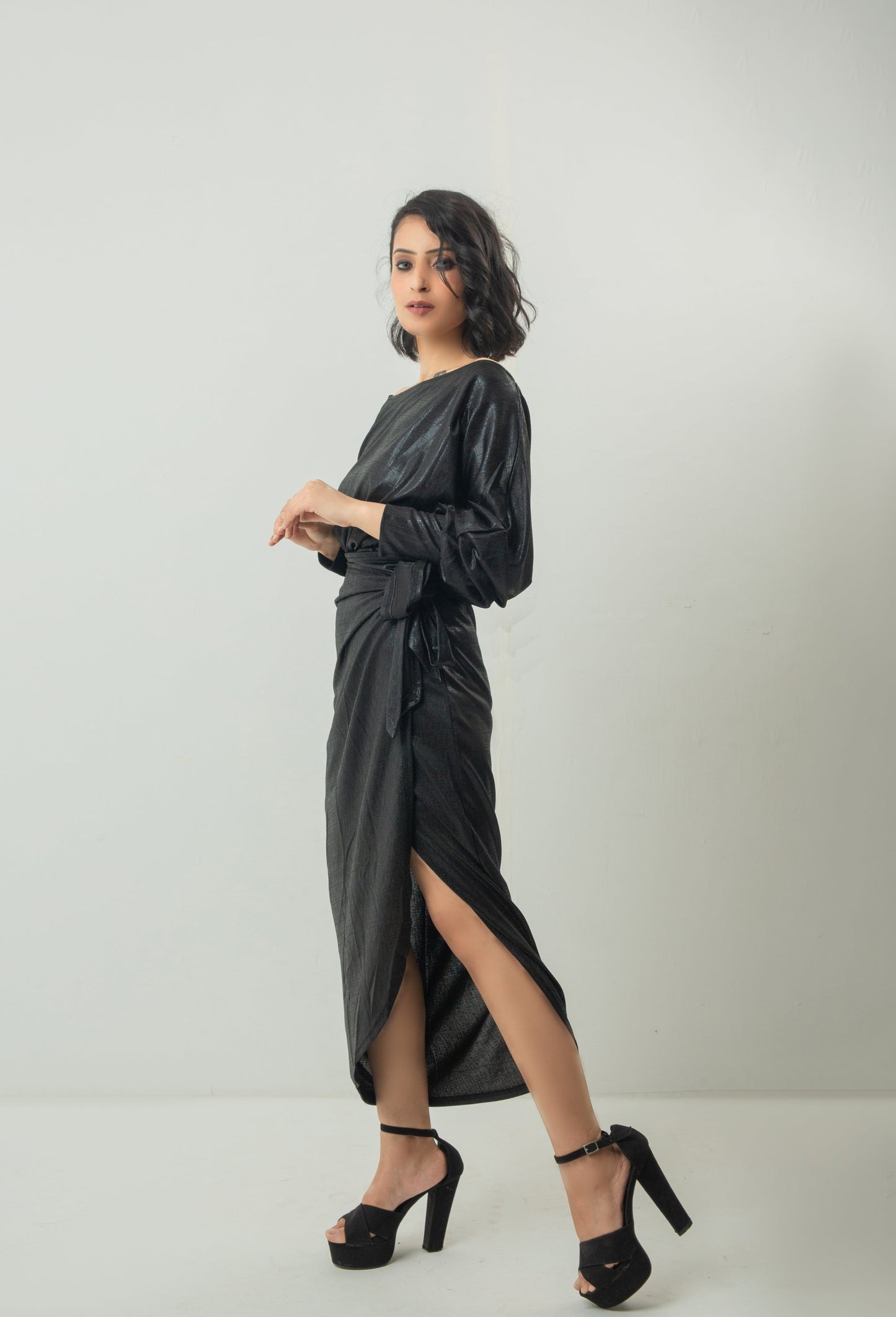 Black Color Cross Wrap Long Sleeve Dress