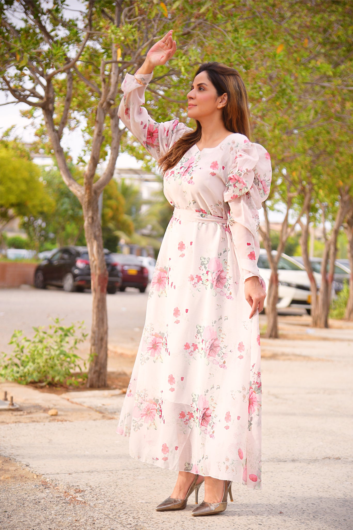 White Floral Print Puffy Sleeve Belted Dress