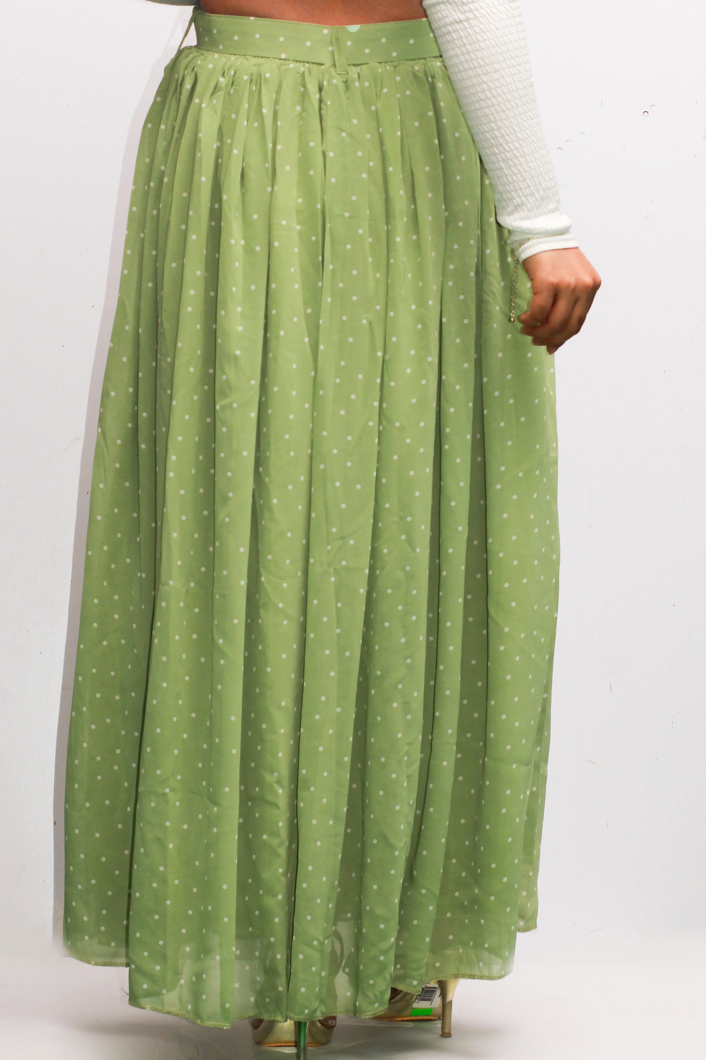 White Dotted Belted Eco-Green Skirt