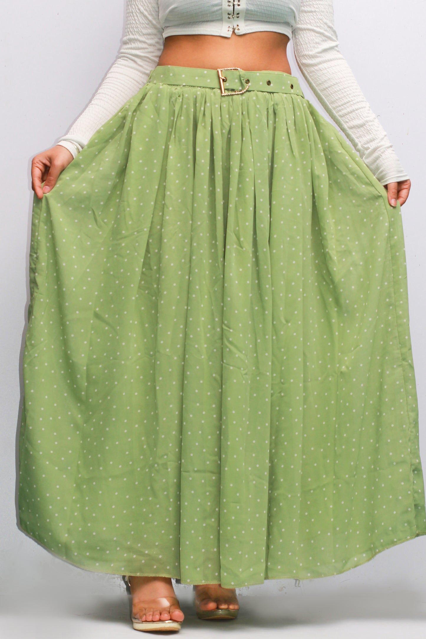 White Dotted Belted Eco-Green Skirt