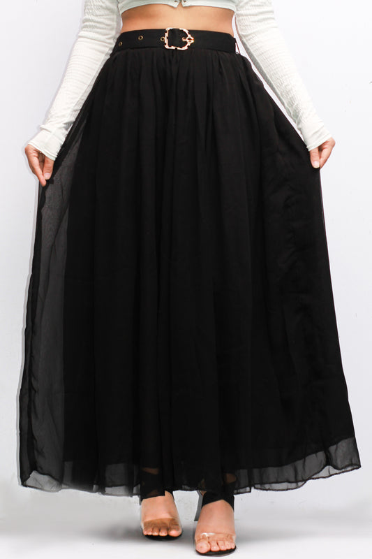 Solid Plain Black Belted Skirt