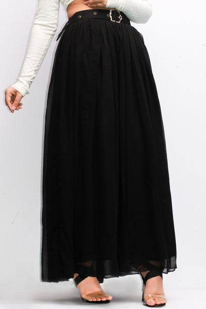 Solid Plain Black Belted Skirt