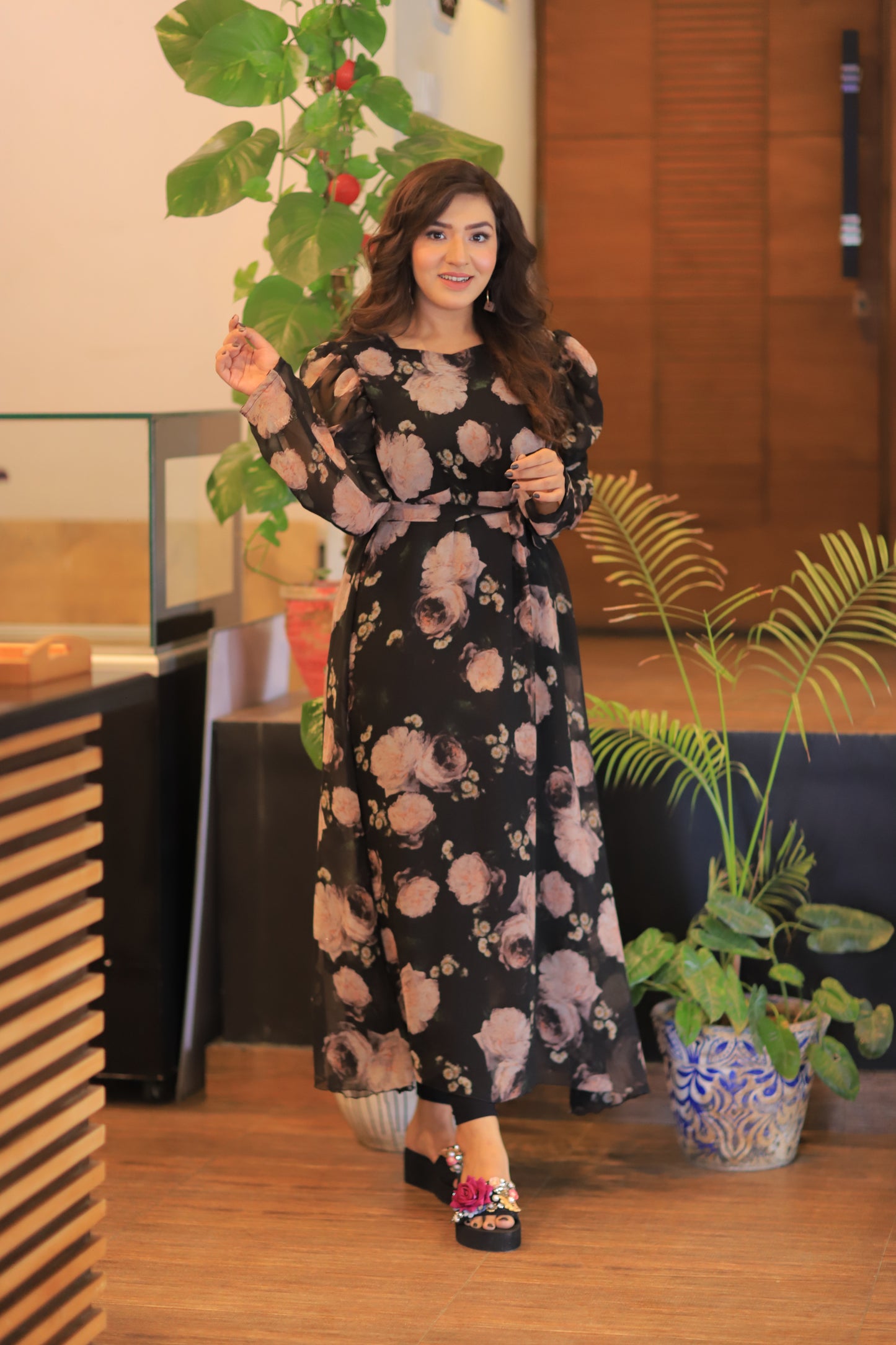 Black Floral Print Puffy Sleeve Belted Dress