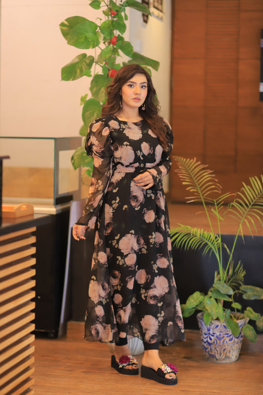 Black Floral Print Puffy Sleeve Belted Dress