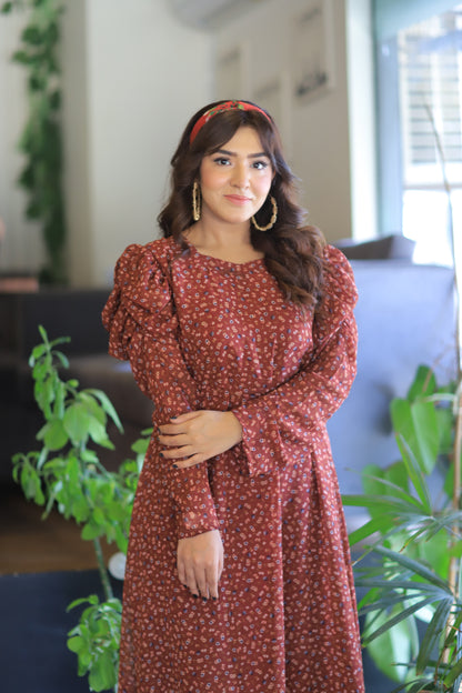 Lilly Print Puffy Sleeve Belted Dress