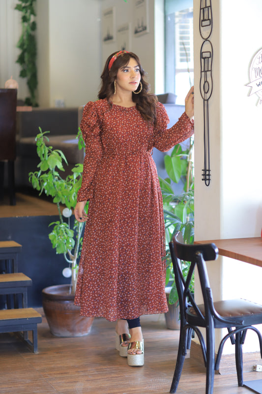 Lilly Print Puffy Sleeve Belted Dress