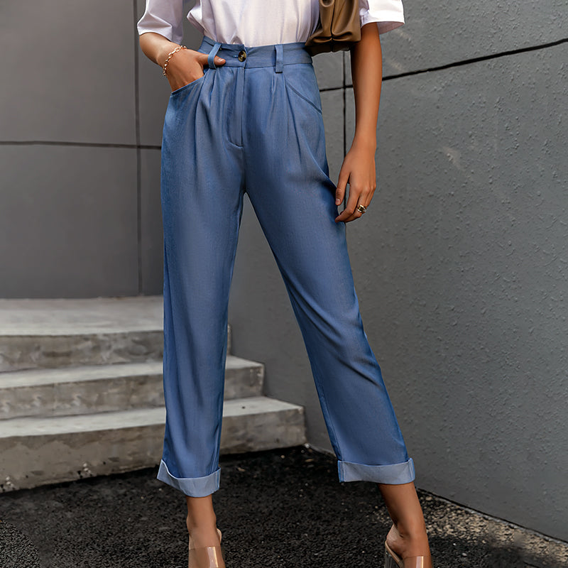 High waist Loose straight solid button pants
