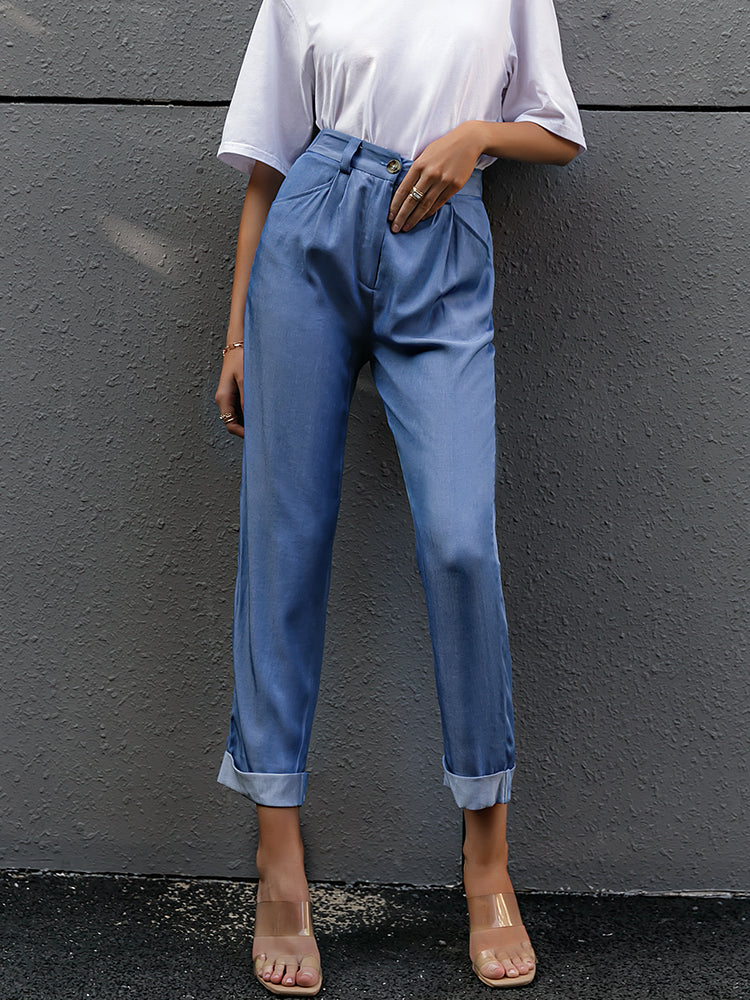 High waist Loose straight solid button pants
