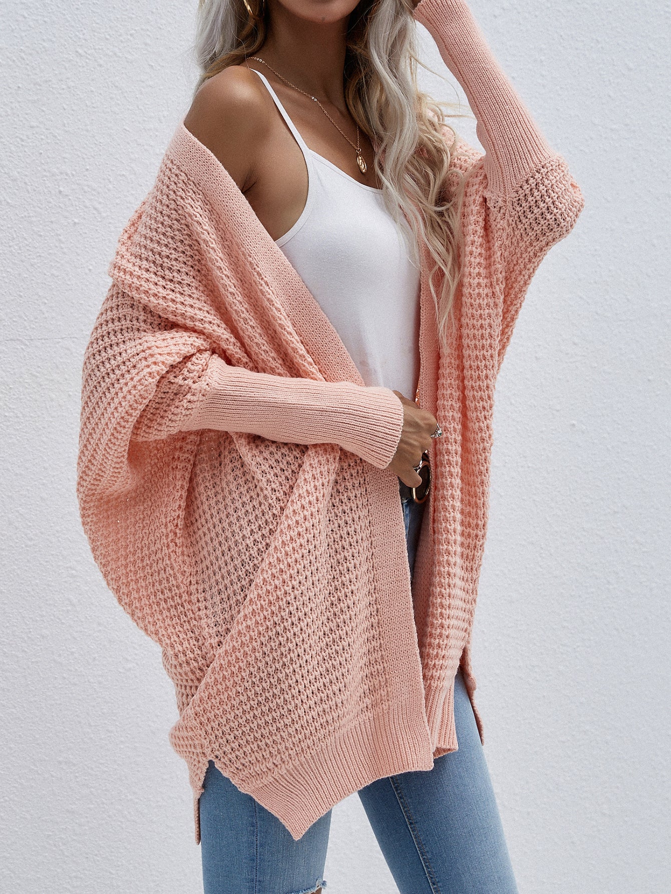 Plus size pink knitted long cardigan