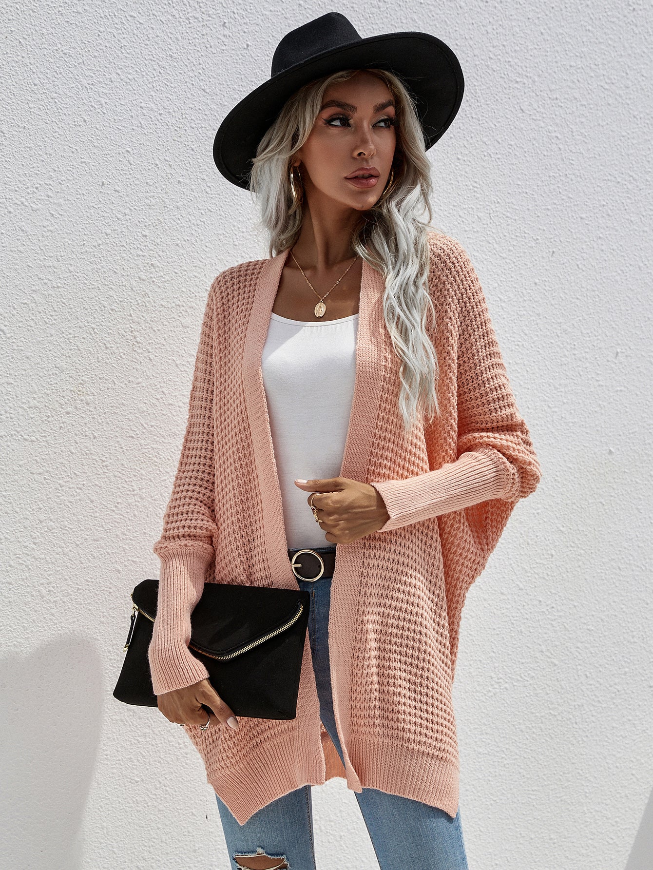 Plus size pink knitted long cardigan