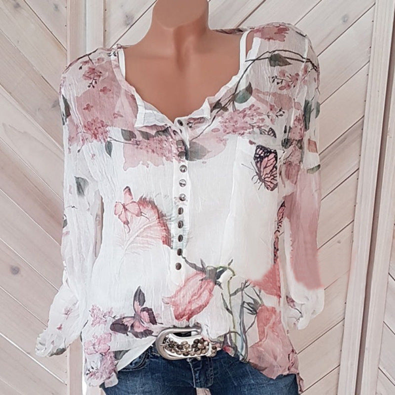 Long sleeves printed chiffon shirt