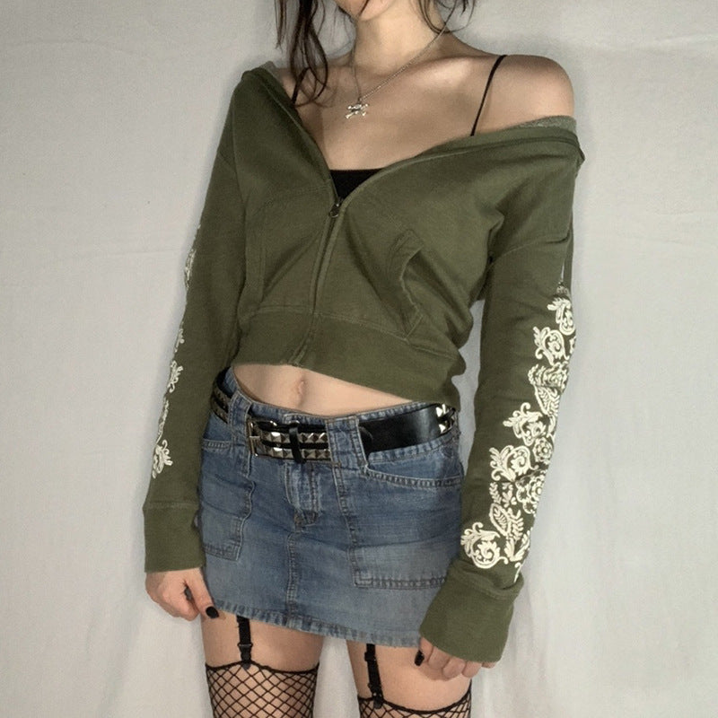Forest printed retro short hoodie