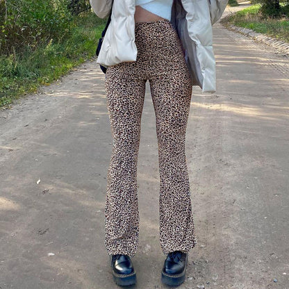 Leopards trend high waist casual slim pants with bell-bottoms